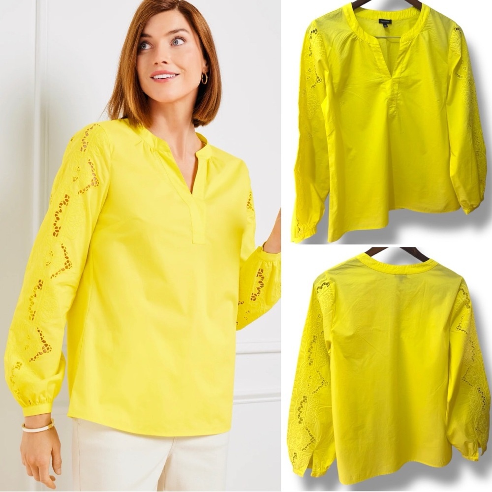 Talbots | EUC India 100% Cotton Bright Yellow Eyelet-Sleeve Popover Blouse (M)